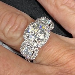 View of the 3.04 ct Diamond Engagement Ring in 18k white Gold on hand with that dumb white out nail polish. You look like a third grader painted their nails at school. It's not as bad as the Gaucho Pants. Remember that? Those weren't flattering on anybody. No. Not even you. 